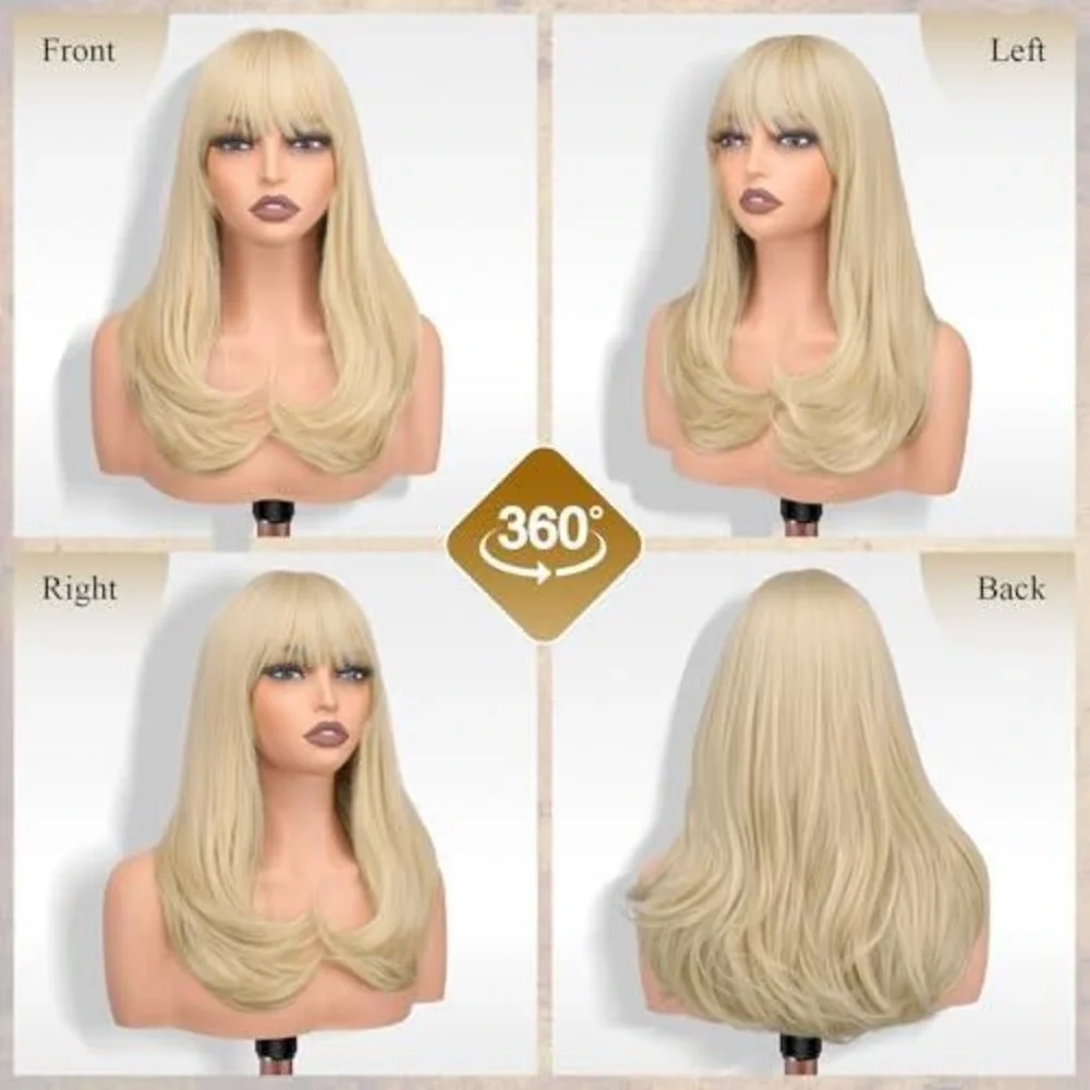 Long‎ Blonde Synthetic Wig with Bangs Layered Wavy Heat Resistant Hairpiece